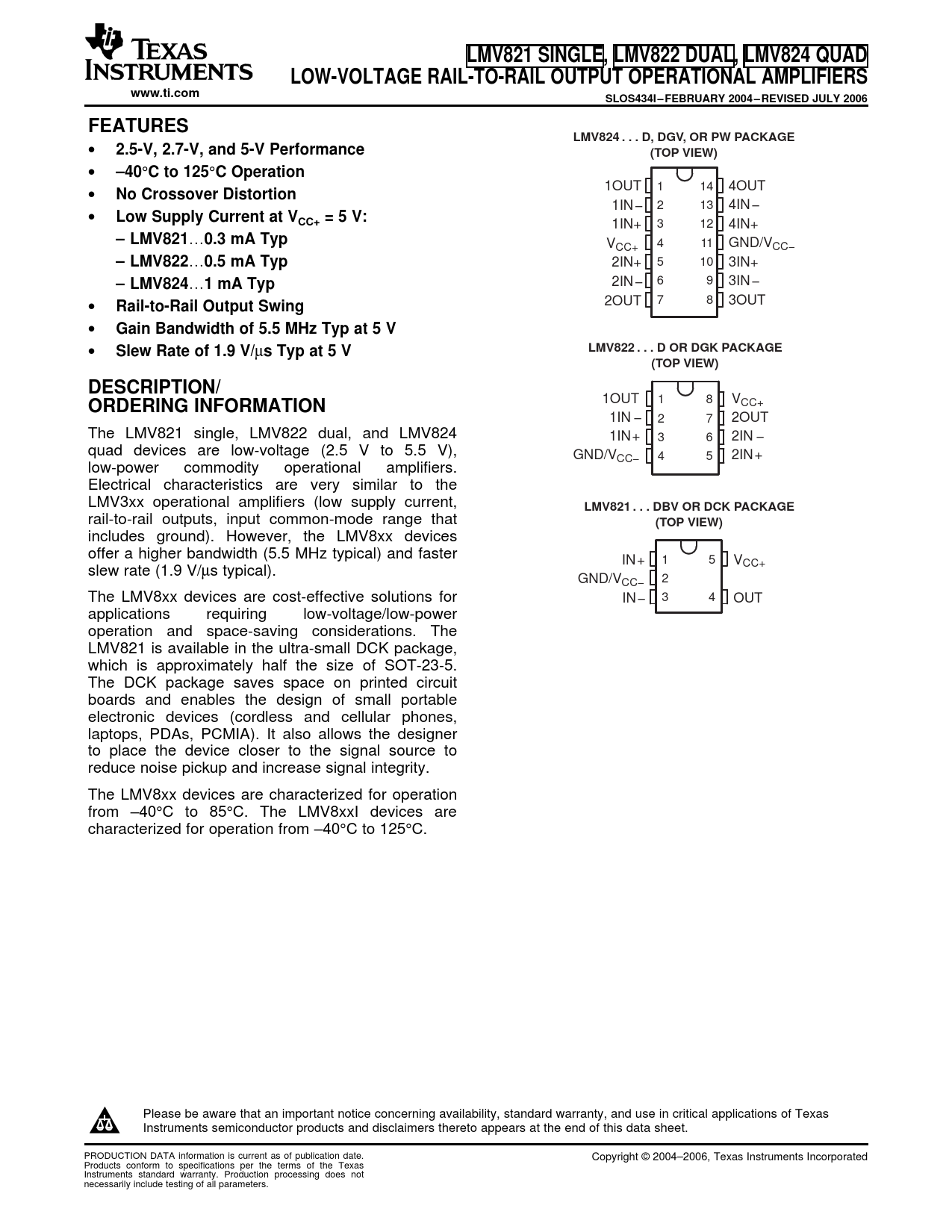 Datasheet Texas Instruments LMV821, LMV822, LMV824 Texas Instruments