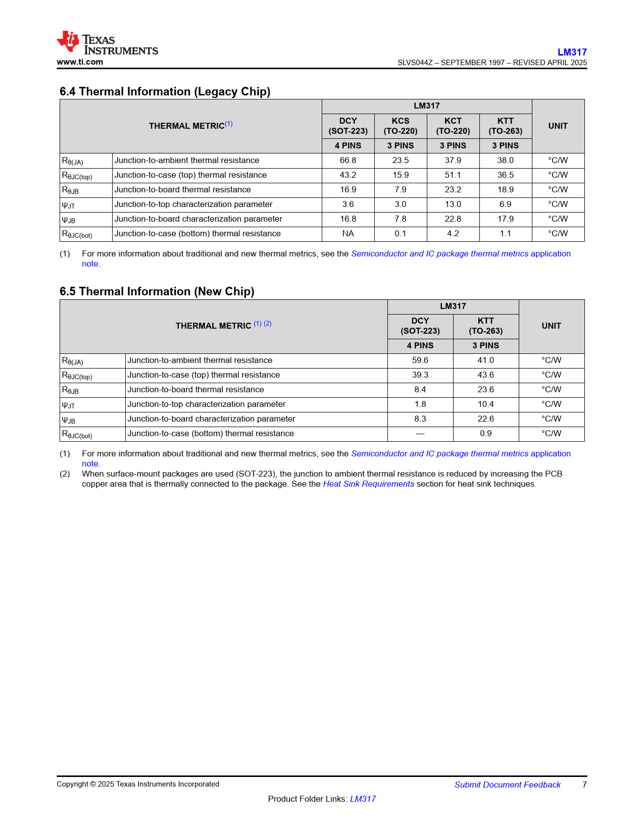 LM317 www.ti.com 6.4 Thermal Information (Legacy Chip) DCY KCS KCT KTT THERMAL METRIC UNIT (SOT-223) (TO-220) (TO-263) 4 PINS 3 PINS