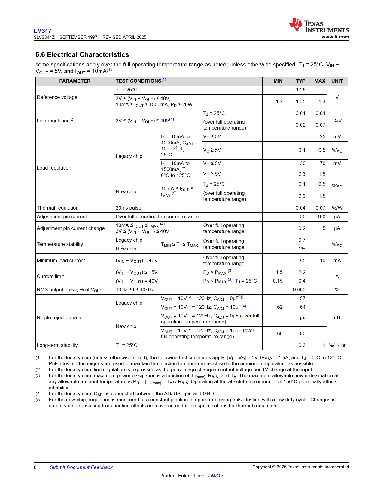 LM317 www.ti.com 6.6 Electrical Characteristics PARAMETER TEST CONDITIONS MIN TYP MAX UNIT
