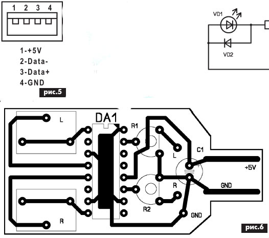 На рис.5 показана цоколевка USB-разъема ПК.