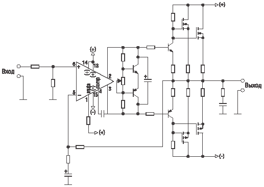 Принципиальная схема включения LM4702 с использованием в выходном каскаде MOSFET полевых транзисторов
