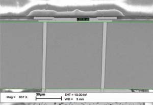 Cross-section image of IBM through-silicon-via technology in a stacked chip