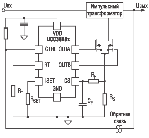 Типичное применение UCC38083/4/5/6 в изолированном двухтактном преобразователе со средней точкой трансформатора