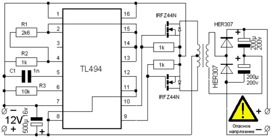 Схема высоковольтного преобразователя.