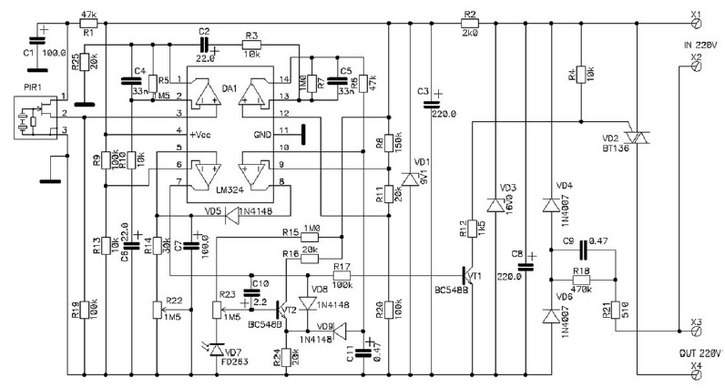 Схема электрическая принципиальная устройства с датчиком движения для автоматическгого освещения коридора