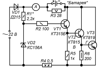 Зарядка аккумуляторной батареи ассиметричным током Схема принципиальная электрическая