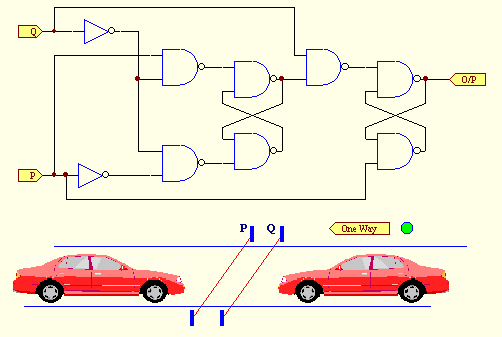 The circuit for detecting the car going the wrong way down the one way street