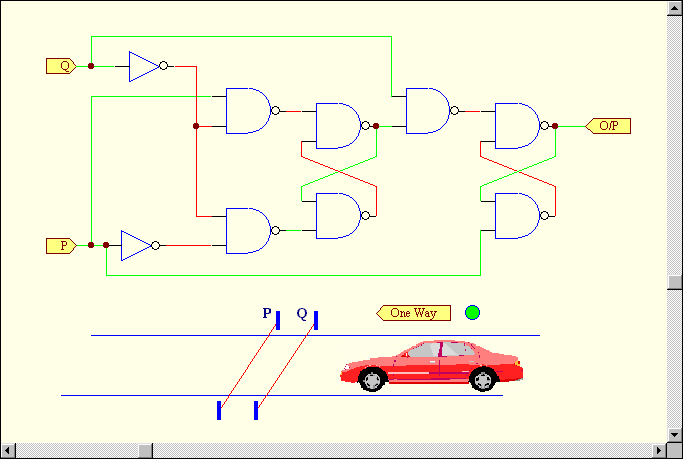 P and Q signals are connected to the P and Q inputs of the circuit and the green light is connected to the output