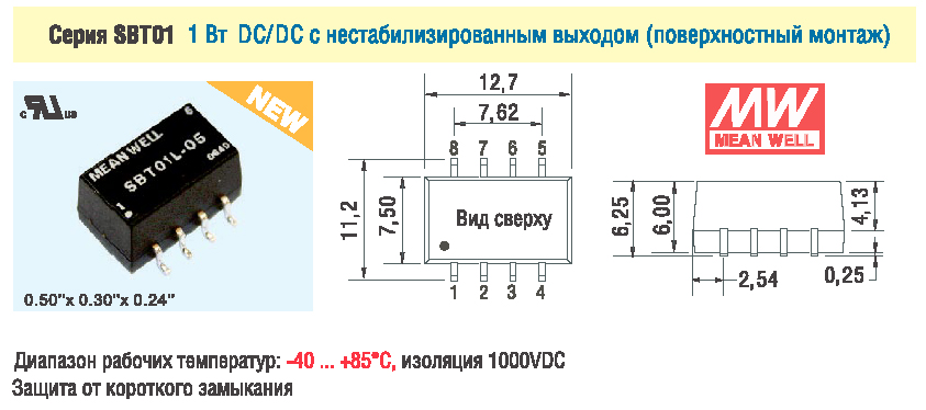 Внешний вид и габаритные размеры DC/DC серии SBT01