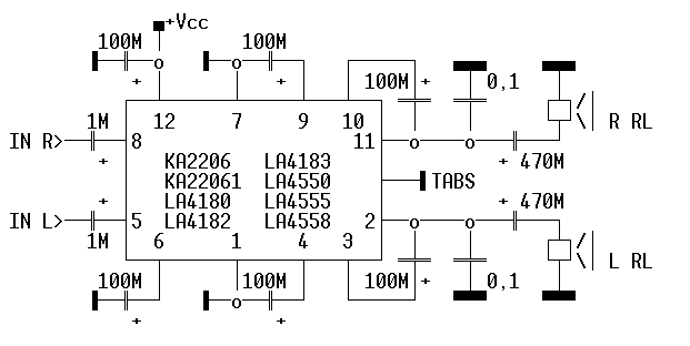 Audio power amplifiers, Application Diagram: KA2206, KA22061, LA4180, LA4182, LA4183, LA4550, LA4555, LA4558