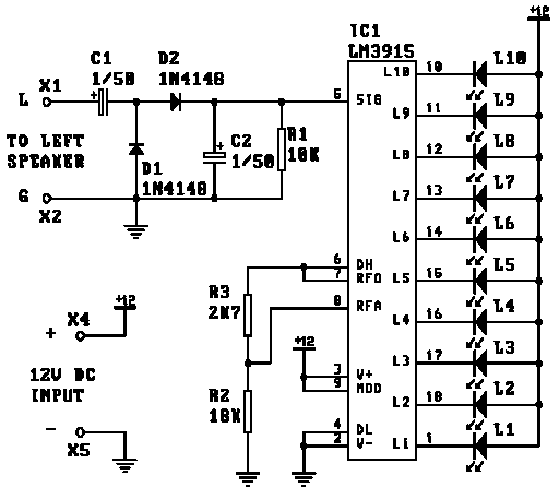 Индикатор для усилителя мощности на lm3915. Светодиодный индикатор уровня сигнала на lm3915 схема. Схема индикатора уровня сигнала на светодиодах lm3915. Светодиодный индикатор уровня сигнала (звука) на lm3915.