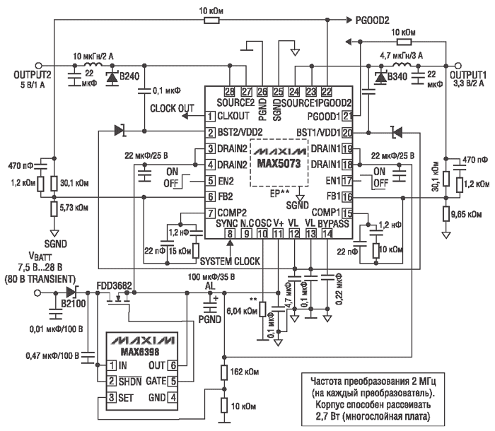 Импульсный 2 МГц преобразователь MAX5073 со схемой защиты от перенапряжения