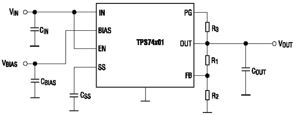 Типовая схема включения LDO-стабилизаторов семейства TPS74x01