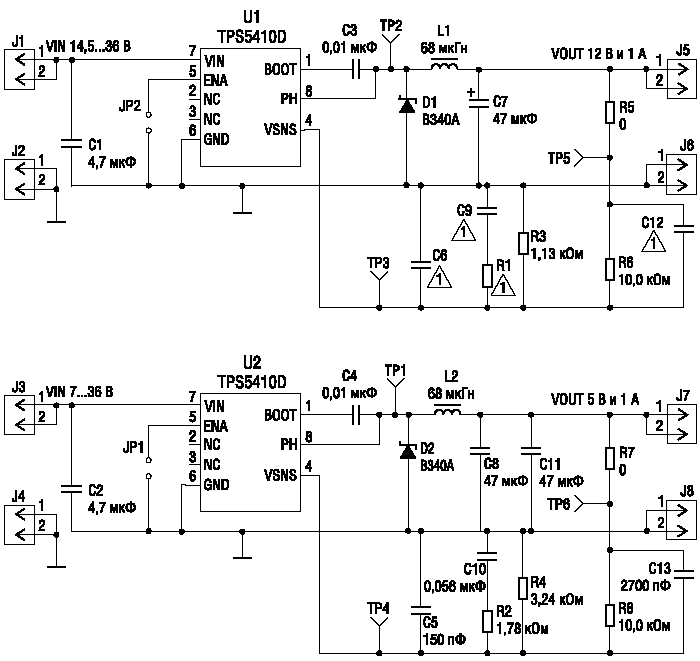 Принципиальная схема отладочного набора TPS5410EVM-203