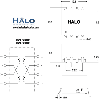 Габаритные размеры и расположение выводов трансформаторов TGM-H251NF и TGM-H281NF