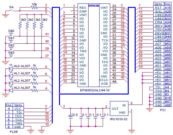 PCI-устройство на одной ПЛИС EPM3032ALC44-10. Карта PCI - microcart