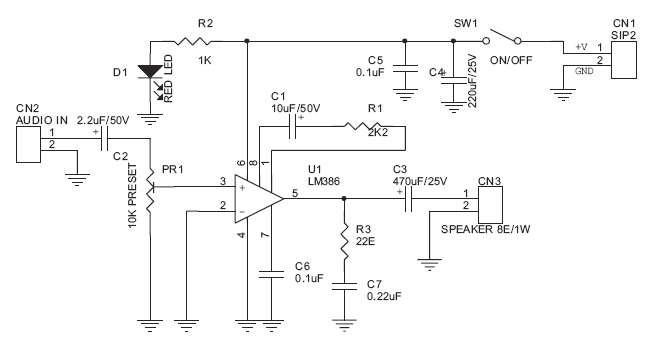 Schematic Tiny Audio Amplifier Using LM386