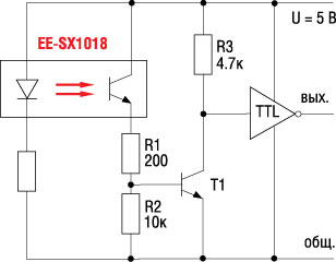 Рекомендуемая производителем схема включения фотомикродатчиков без встроенного усилителя при напряжении питания 5 В