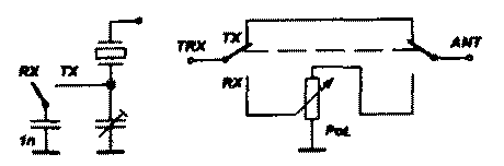 Для обеспечения разноса частот приема и передачи около 1 кГц можно подключать в режиме передачи дополнительный конденсатор 1000 пф параллельно триммеру в цепи кварца