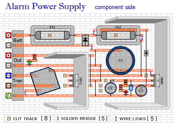 The Stripboard Layout Of The Uninterruptible Burglar Alarm Power Supply Unit