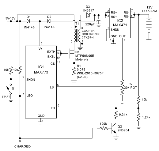 This lead-acid-battery charger applies high voltage (15 V) until the battery is charged and then applies 13.8V to maintain a small trickle charge.