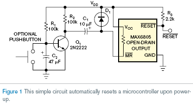 The circuit proves useful during power-up when there is no need to press the reset button once the device powers up, because reset occurs automatically with the predetermined hold time before you apply the reset-low signal.