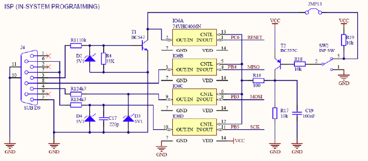 Development board includes serial port interface to allow direct in-system programming (ISP)