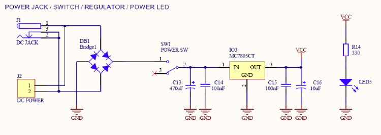 Both AC and DC voltage can be plugged in, because of using rectifier bridge. Input voltage can be connected to 2.5mm power jack connector or screw terminal. Power can be switch on / off by SW1