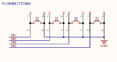 Four buttons are connected to the Port B