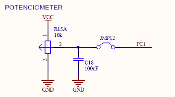 For simulation of varying ADC input voltage the rotary trimming resistor R1 can be connected to PC1 (ADC1) through JMP12.