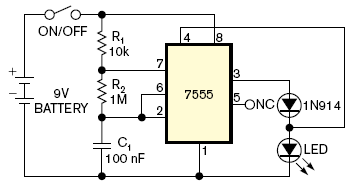The LED in this circuit flashes slowly when the ambient-light level is high and turns off when the light level drops
