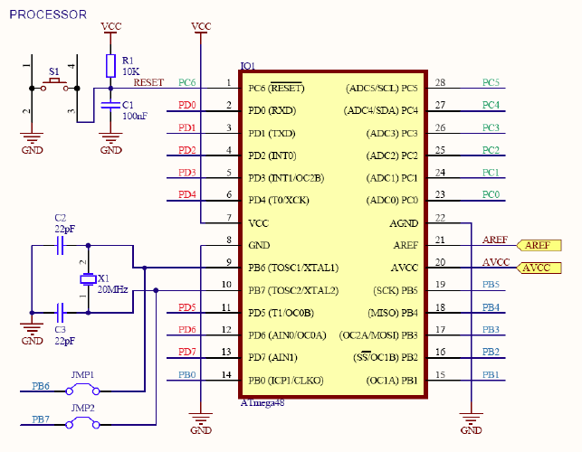External crystal X1 is placed in socket, so it is easy to change it or remove it. If internal oscillator is used then two PB6 and PB7 pins dedicated for crystal can be connected to the Port B connector. Microcontroller can be reset by pressing reset button S1.