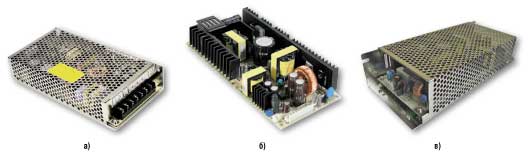 Внешний вид источников питания: а) серия NES-150 мощностью 150 Вт; б) серия PID-250 мощностью 250 Вт в открытом исполнении; в) серия PID-250 мощностью 250 Вт в корпусе (суффикс «-C») 