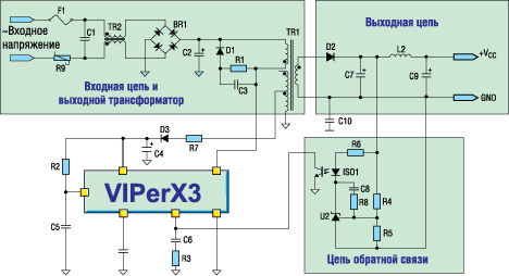 Принципиальная схема включения микросхемы семейства VIPer 
