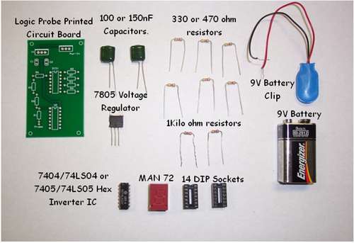 Here's the components needed to build the Logic Probe shown in the Bill of Materials (BOM) picture.