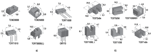 Внешний вид оптических датчиков отражательного (а) и заграждающего (б) исполнений 