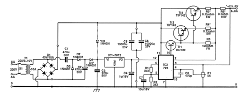 2-7 V / 6-8 A Power Supply by 723 and 7812