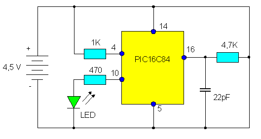 Простая схема, которая используется как база для проекта с использованием PIC16C84