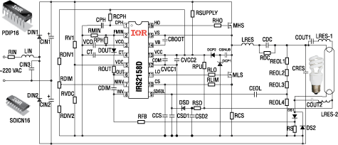 Рекомендуемая схема включения микросхемы электронного балласта IRS2158D 