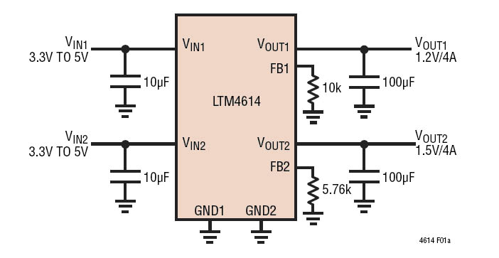 LTM4614 - двухканальный низковольтовый DC-DC конвертер от Linear Technology в миниатюрном исполнении Module.