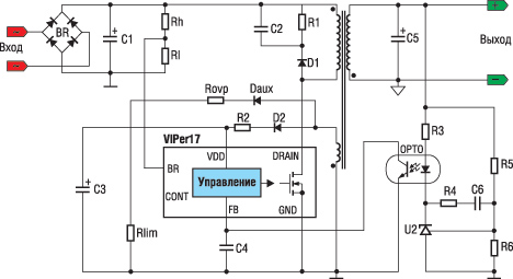 Пример сетевого источника питания на основе ИС VIPer17L 