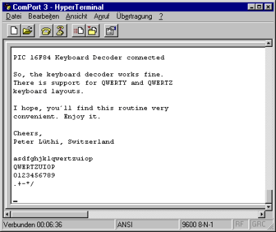 Example of a session using the Windows HyperTerminal. The entire contents was sent by the PIC controller