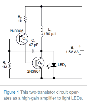 Простая схема на двух транзисторах для питания светодиода от батарейки 1.5 В
