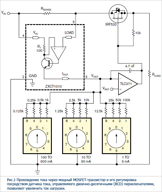 Следящая обратная связь с датчиком тока и мощный MOSFET-транзистор позволяют увеличить выходной ток