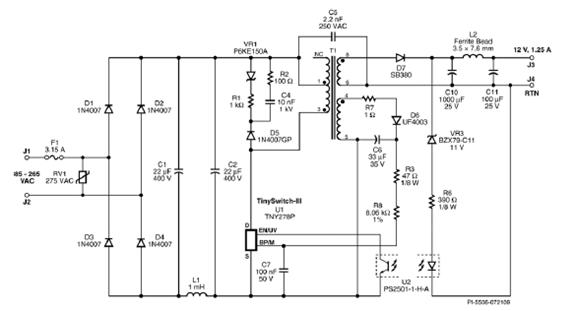 Схема электрическая принципиальная Источник питания 15W на микросхеме TNY278P от Power Integrations 