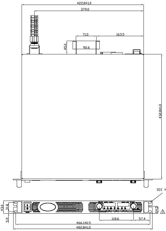 Габаритный чертеж Genesys 1U 0.75/1.5 kW