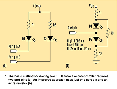 Стандартная и улучшенная схема управления двумя светодиодами от одного порта микроконтроллера.