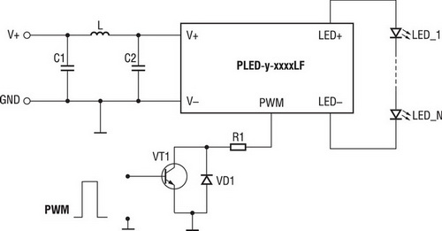 Схема, где ток светодиодов управляется ШИМ-импульсами