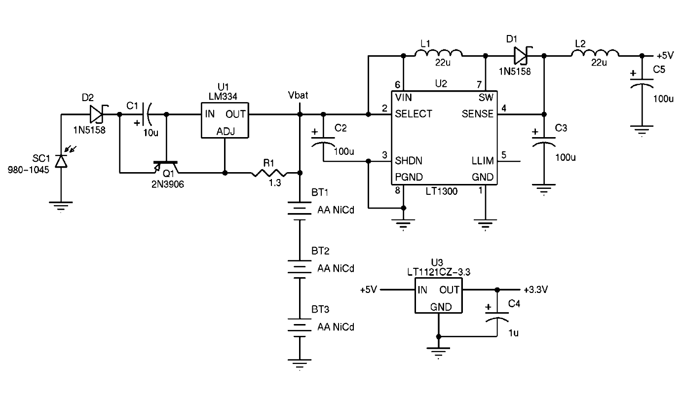 The heart of the remote station's power supply circuit is U2—the boost mode switch mode regulator IC