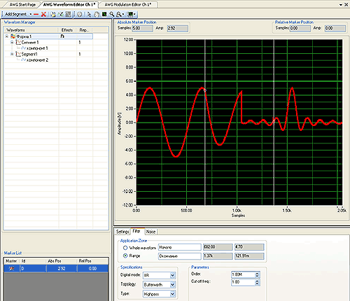 Окно моделирования Формы сигнала, состоящего из двух сегментов с фильтрацией